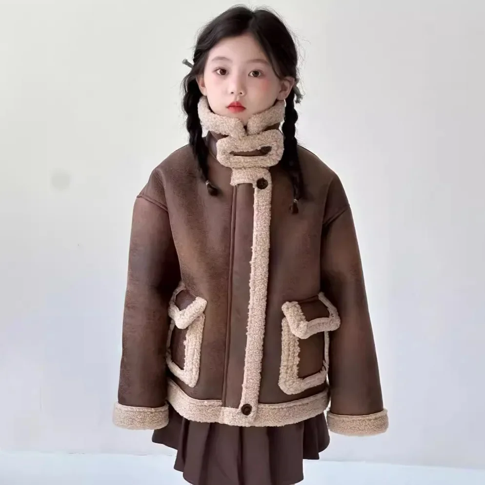 Girls Coat 2024 Winter New Childrens Wear Korean Style Girl Baby Handsome Plus Fleece Thickened Stand Collar Leather Coat