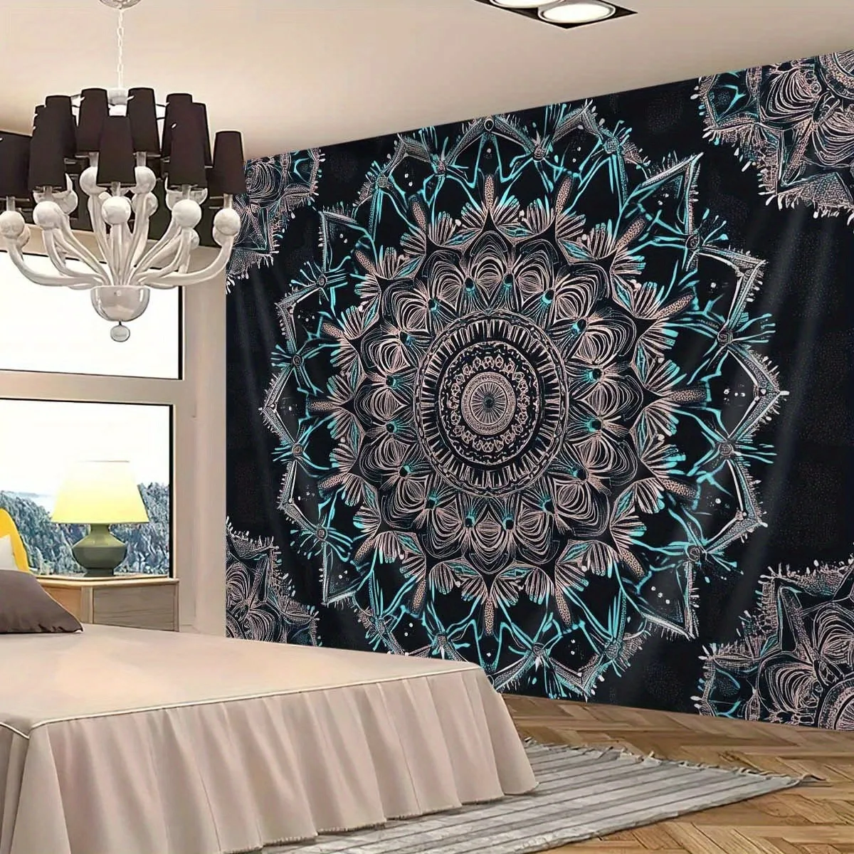 1 Tapiz Mandala Bohemio - Vibrante Azul y Negro Floral para Colgar en la Pared con Intrincado Diseño Mandala, Tela de Poliéster