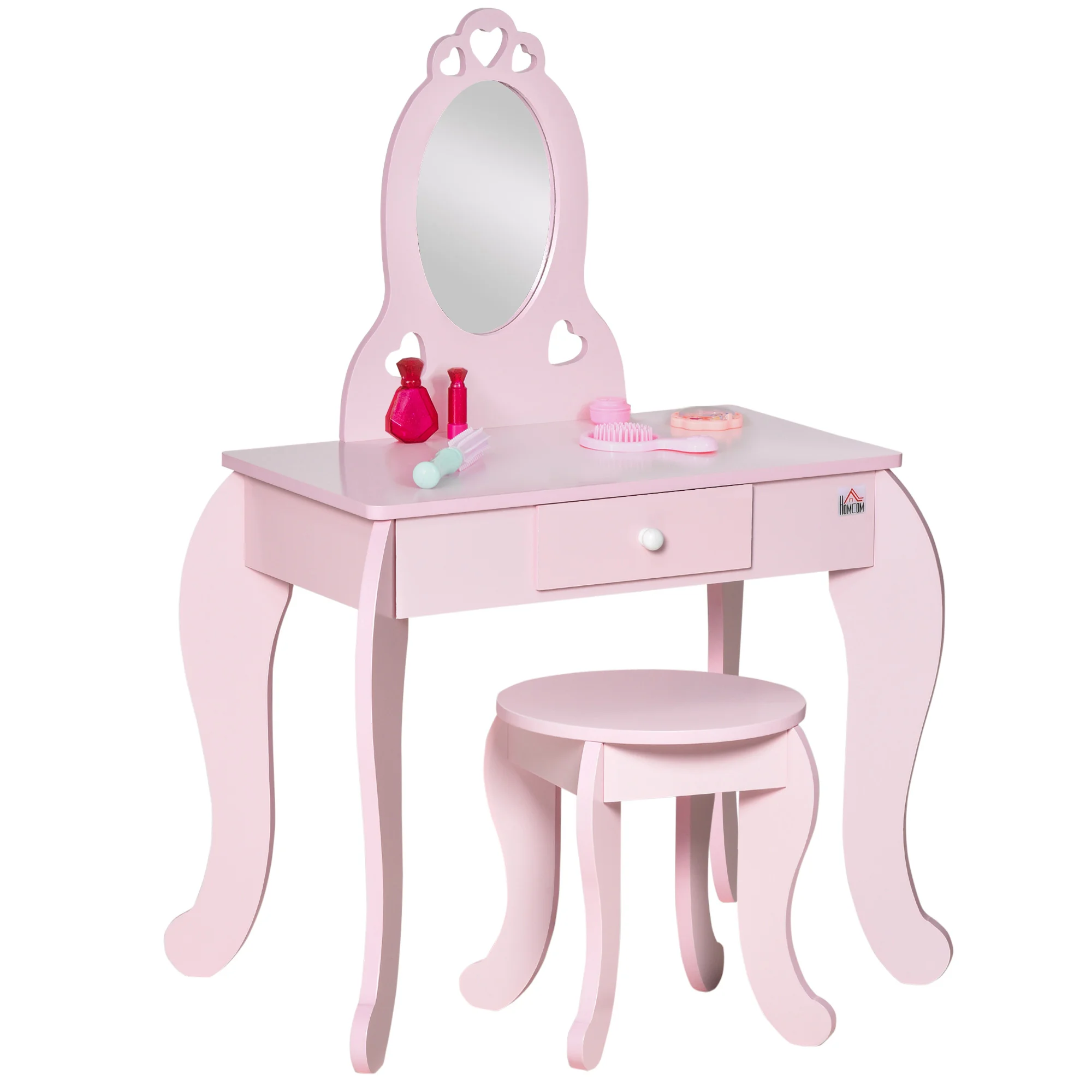 HOMCOM Coiffeuse Enfant Design Girly avec Motifs à Coeur - Tabouret Inclus - dim. 60L x 36l x 88H cm - tiroir, Miroir - MDF - Ro