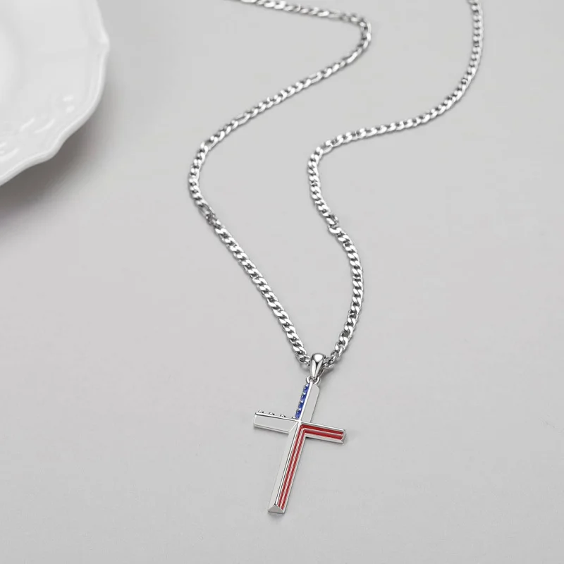 قلادة متقاطعة من الفضة الإسترليني عيار 925 - سلسلة 22 بوصة + 2 بوصة قابلة للتعديل مجوهرات دينية وطنية أمريكية #3