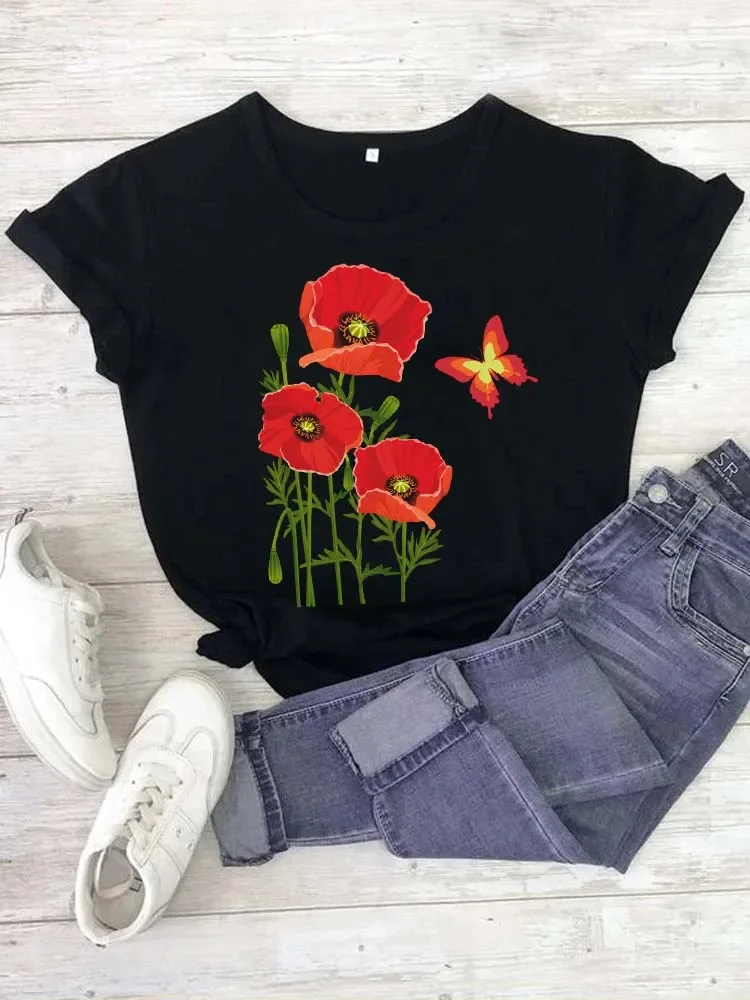 New Butterfly Poppy Women Tshirt Cartoon Graphic Printed Ladies T Shirt Fashion Women Shirts Summer Tops Female T Shirt