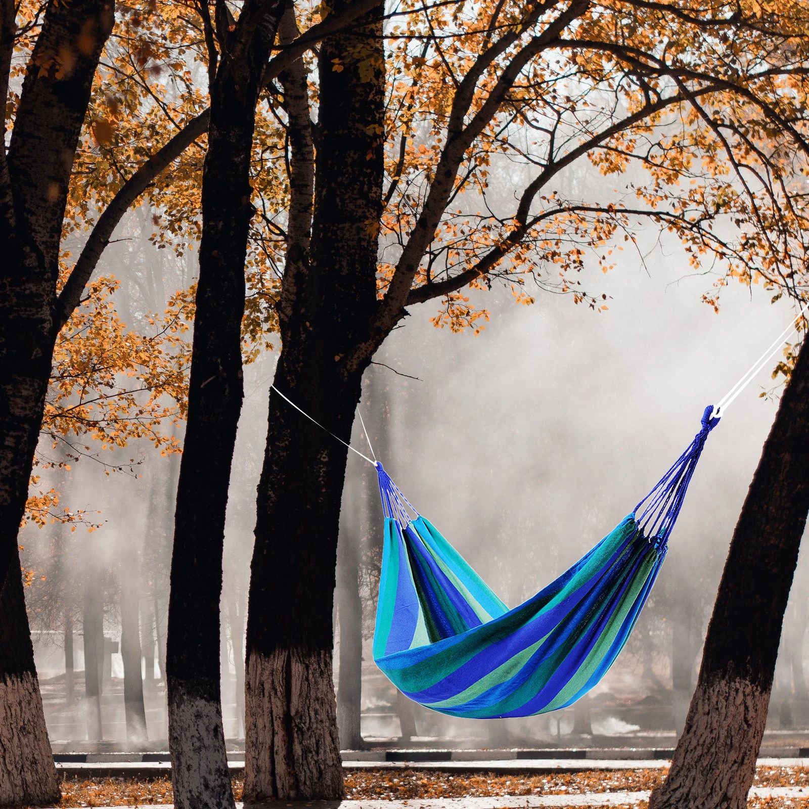 

Rainbow Canvas Hammock Outdoor Camping Hanging Swing Durable Lightweight Striped Design For Travel Backpacking Relaxation Blue
