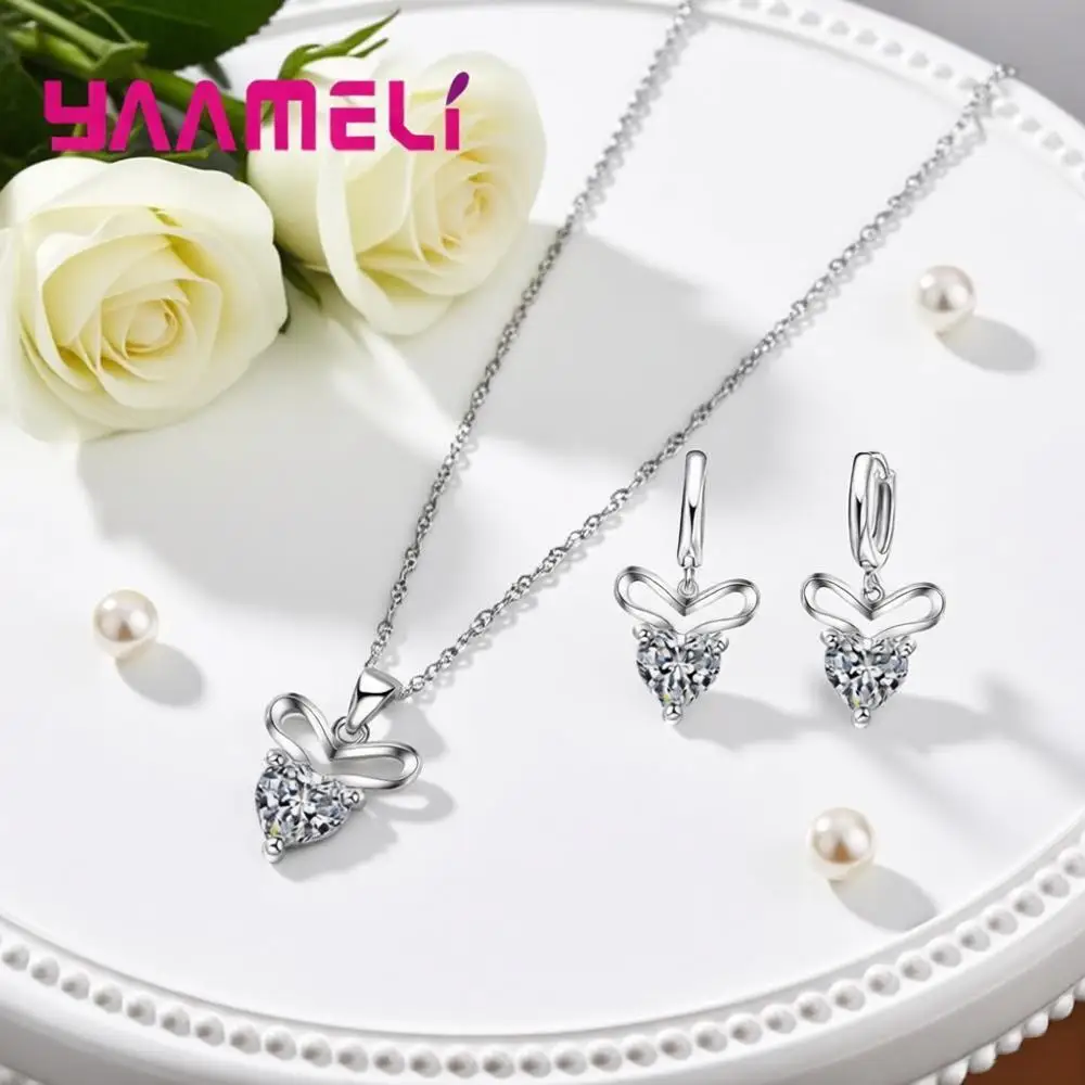 Creative 925 Sterling Silver Mouse Shape Crystal Zircon Necklace Earrings Set for Women Girls Engagement Party Jewelry Gifts