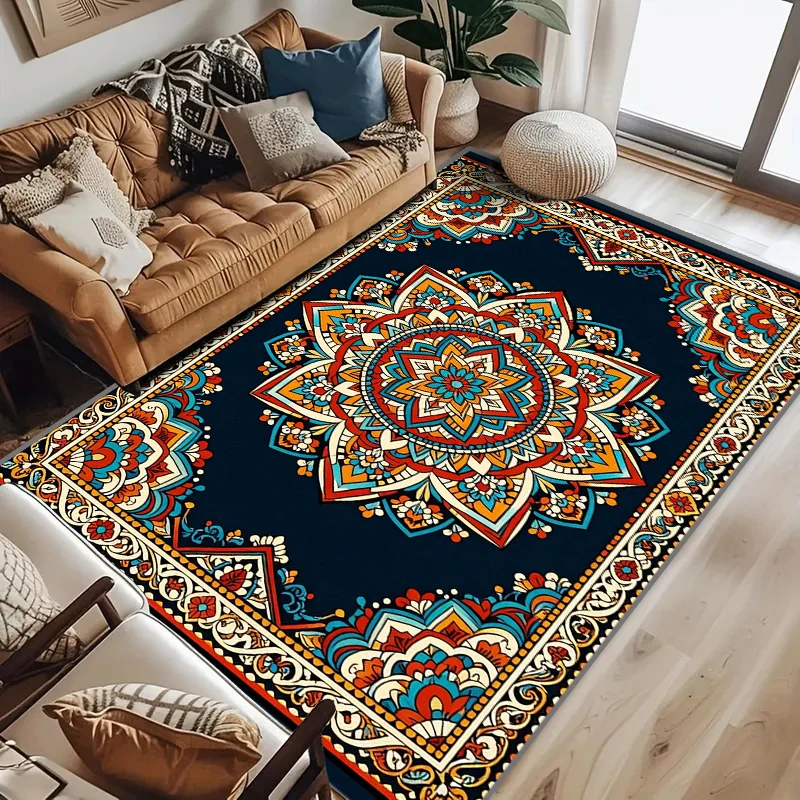 RAKKS 컨템포러리 보헤미안 러그 - 부드러운 크리스탈 벨벳 표면, 만다라 디자인, 거실 및 침실 홈 데코용 로우파일 매트