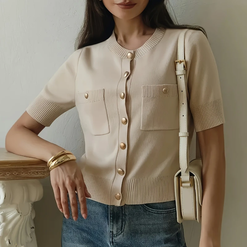 Short Sleeve Knitted T Shirt for Women O Neck Fashion Slim Cardigan Tops Chic Solid Summer New Sweater T Shirt Outwear