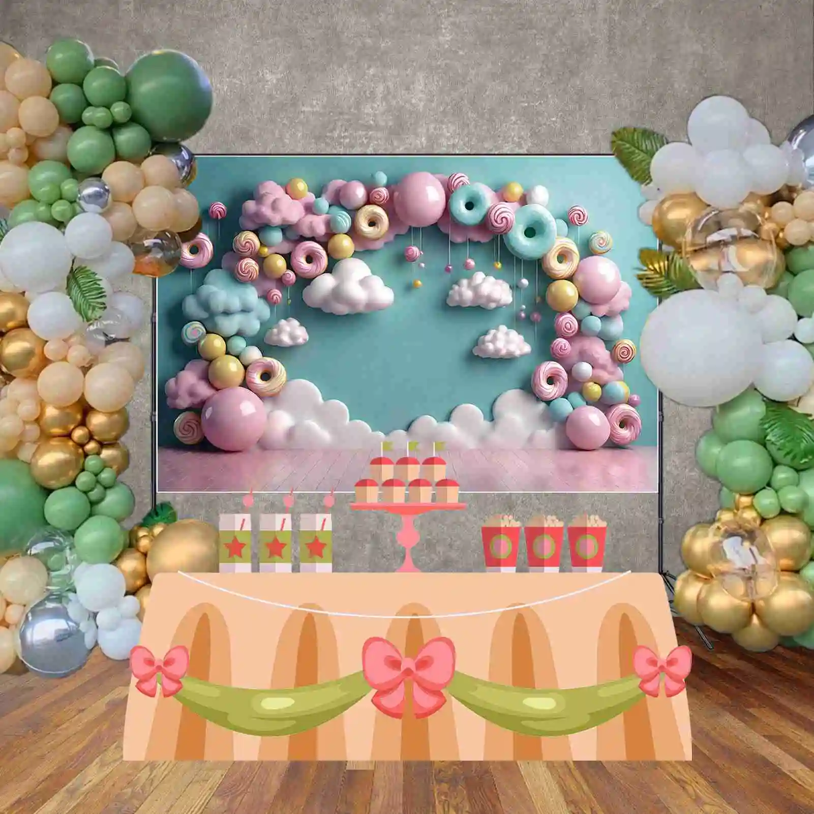 MOON.QG Fairy Candyland Birthday Backdrop Doughnut Cotton Candy Cloud Sky Background Party Decoration Photography Shooting Props