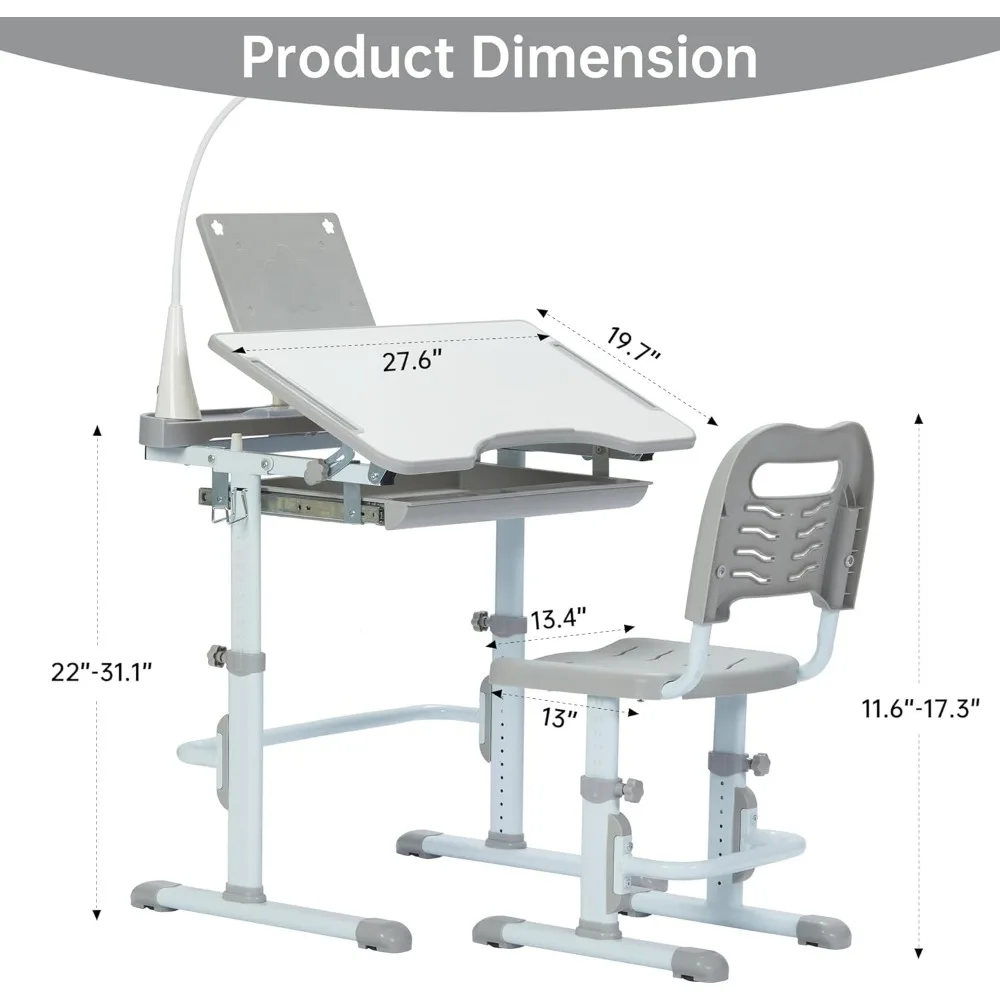 Escritorio y silla de altura ajustable para niños, mesa resistente para estudiantes de escuela, color gris