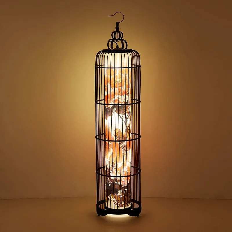 New Chinese floor lamp antique crane lantern zen Chinese style living room sofa vertical ornament wrought iron birdcage lamp