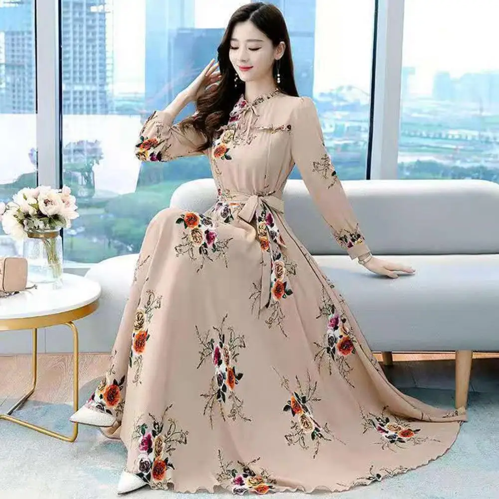 Flower Print Women Spring Maxi Dress Shirring Edge Temperament Tight Waist Long Dress Charming Full Length Office Lady Dresses