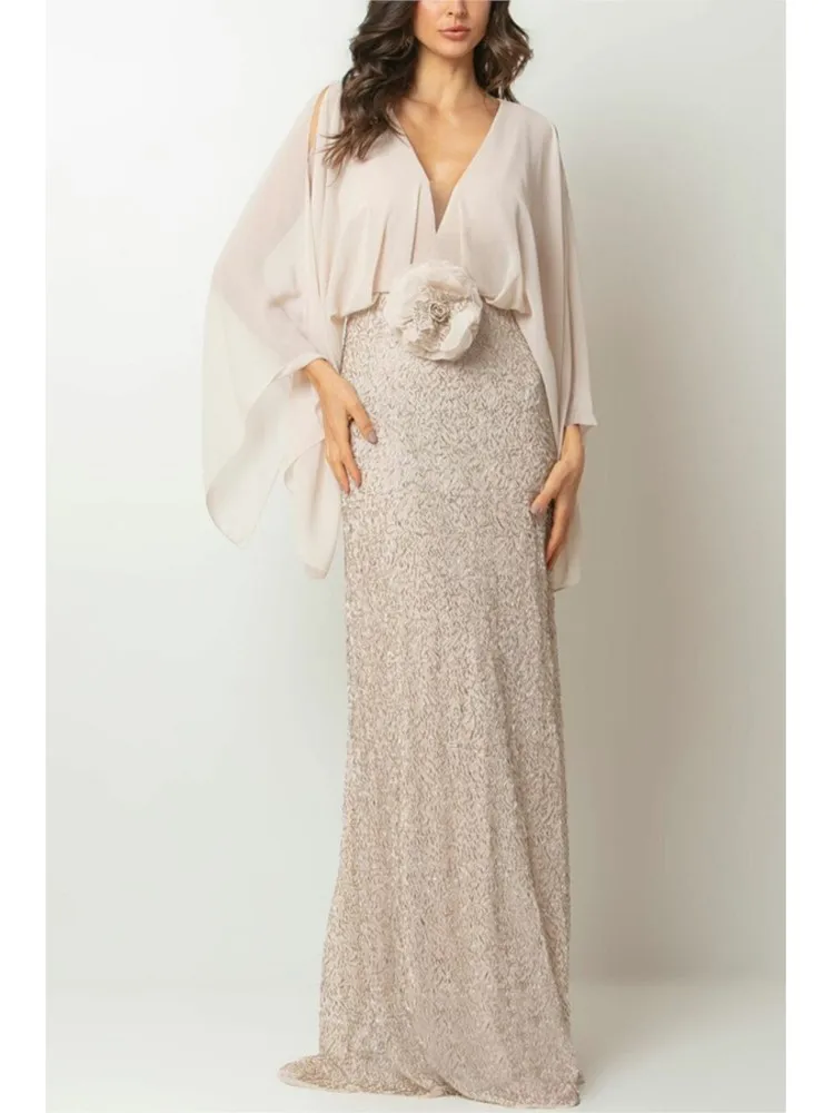 Gonna elegante a coda di pesce con paillettes da donna Nuova moda fiore scollo a V tinta unita gonna lunga a vita alta abito da sera per banchetti