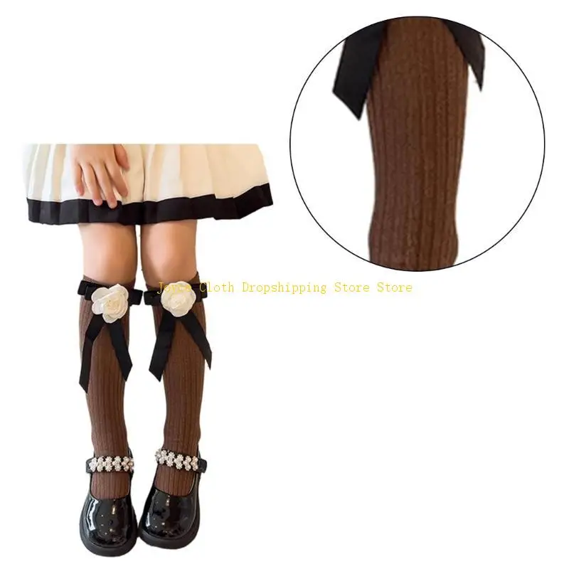 Chaussettes hautes pour enfants filles, uniforme scolaire, chaussettes japonaises élégantes camélia avec nœud papillon, longues