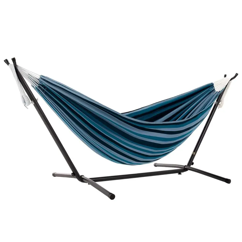 Double Cotton Hammock with Space Saving Steel Stand, Upgraded Polyester End Strings 450 lb Capacity Premium Carry Bag Included