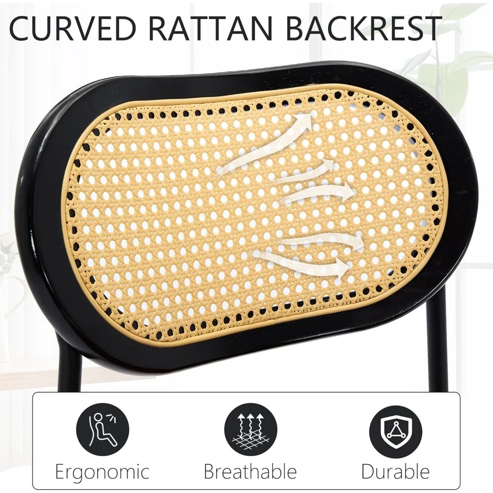 Rattan Dining Chairs Set of 2, Black Leather Upholstered Dining Chairs with Rattan Cane Back, Mid Century Modern Dining Room