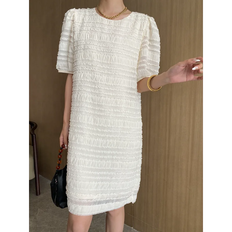 

Women Wooden Ear Striped Texture O Neck Dress Korea Chic Loose Romantic Sweet French Wedding Party Short Sleeve Dress Summer