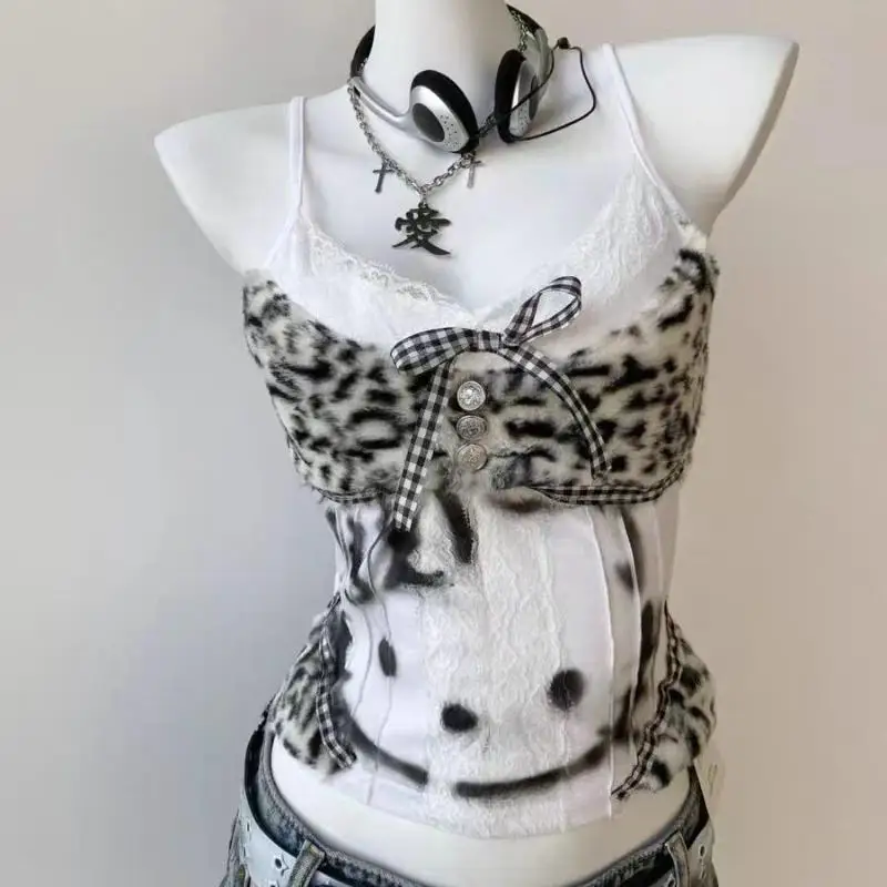 سانريو مرحبا كيتي المرأة خمر Y2K الرسن تانك القمم مثير الشارع الشهير ثقافة فرعية ليوبارد المرقعة Kawaii سترة المرأة الدانتيل #1