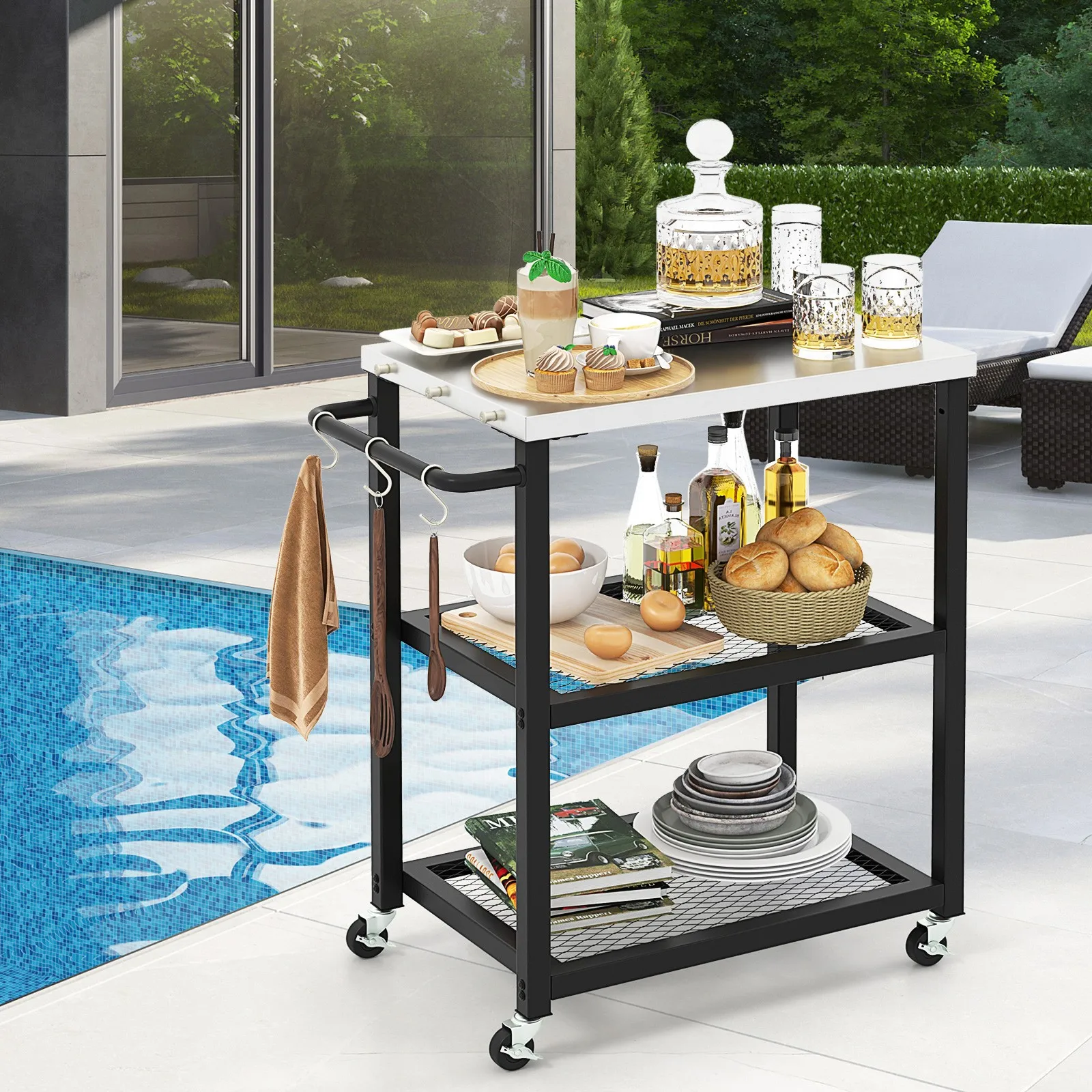 

3-Tier Stainless Steel Food Prepare Dining Cart Table w/ Hooks & Tissue Holder