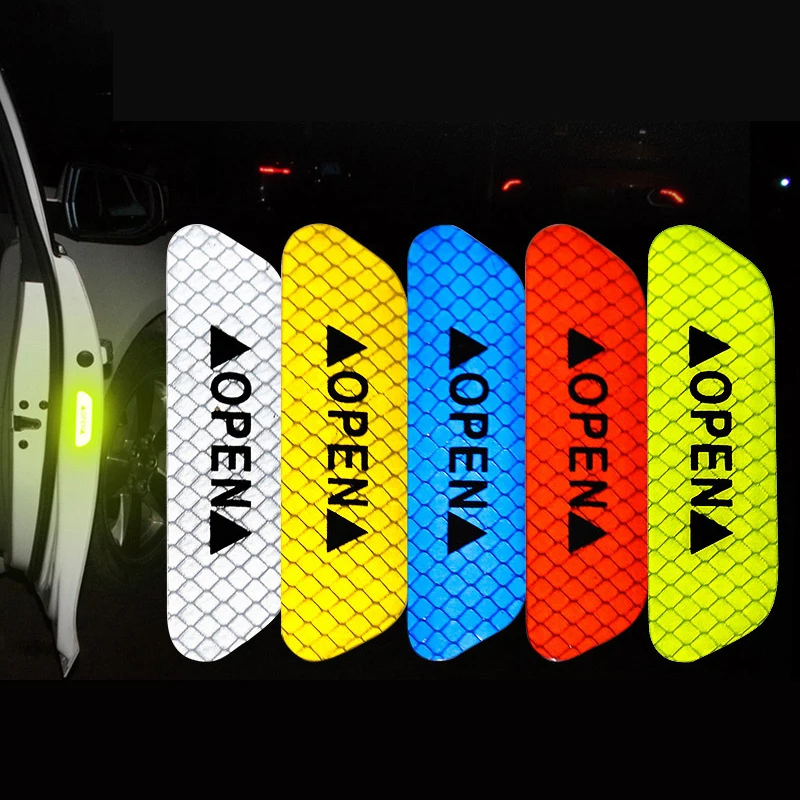 4Pcs Reflective Car Door Sticker Safety Opening Warning Reflector Tape Decal Auto Car Accessories Exterior Interior Reflector