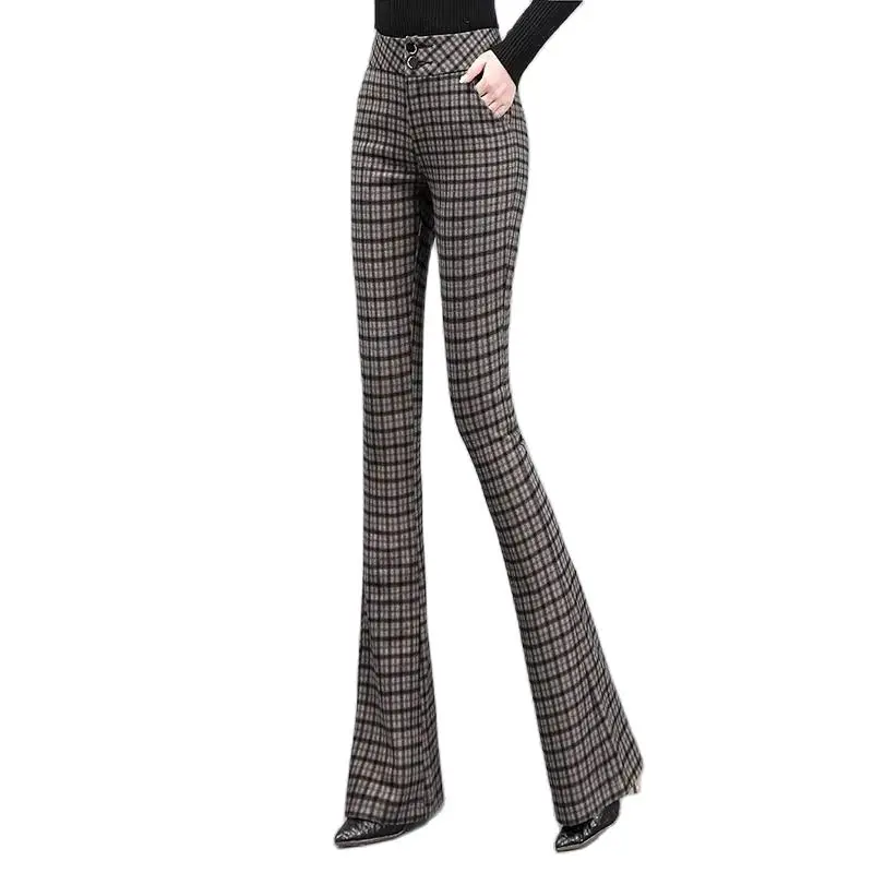 

Plaid Micro Bell-Bottoms Female 2023 New Spring And Autumn Retro High Waist Bell-Bottoms Slim Slim Drop Feeling Micro-La Pants.