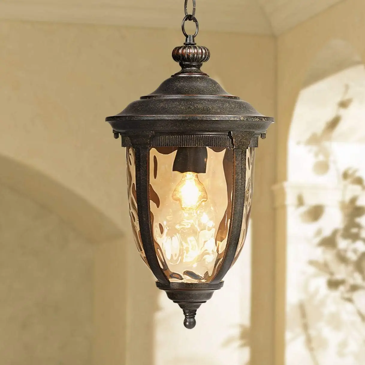 

Bellagio European Outdoor Ceiling Light Hanging Bronze Brown 18" Champagne Hammered Glass Damp Rated for Exterior House