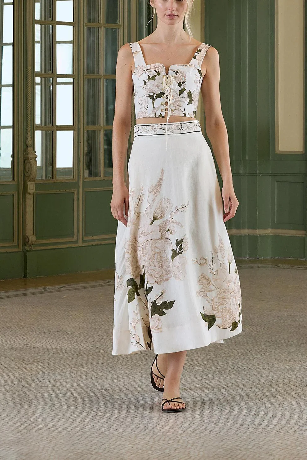 

Women Flower Print Set Lace-up Square Collar Sleeveless Vest Top + Embroidery High Waist A-Line Long Skirt Holiday Linen Suits