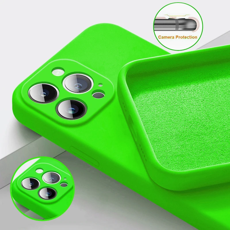 NEW Fluorescent Green Square Silicone Case For iPhone 15 14 11 Pro Max 13 12 Mini X XR XS 7 8 Plus SE2 Shockproof Cover Cases