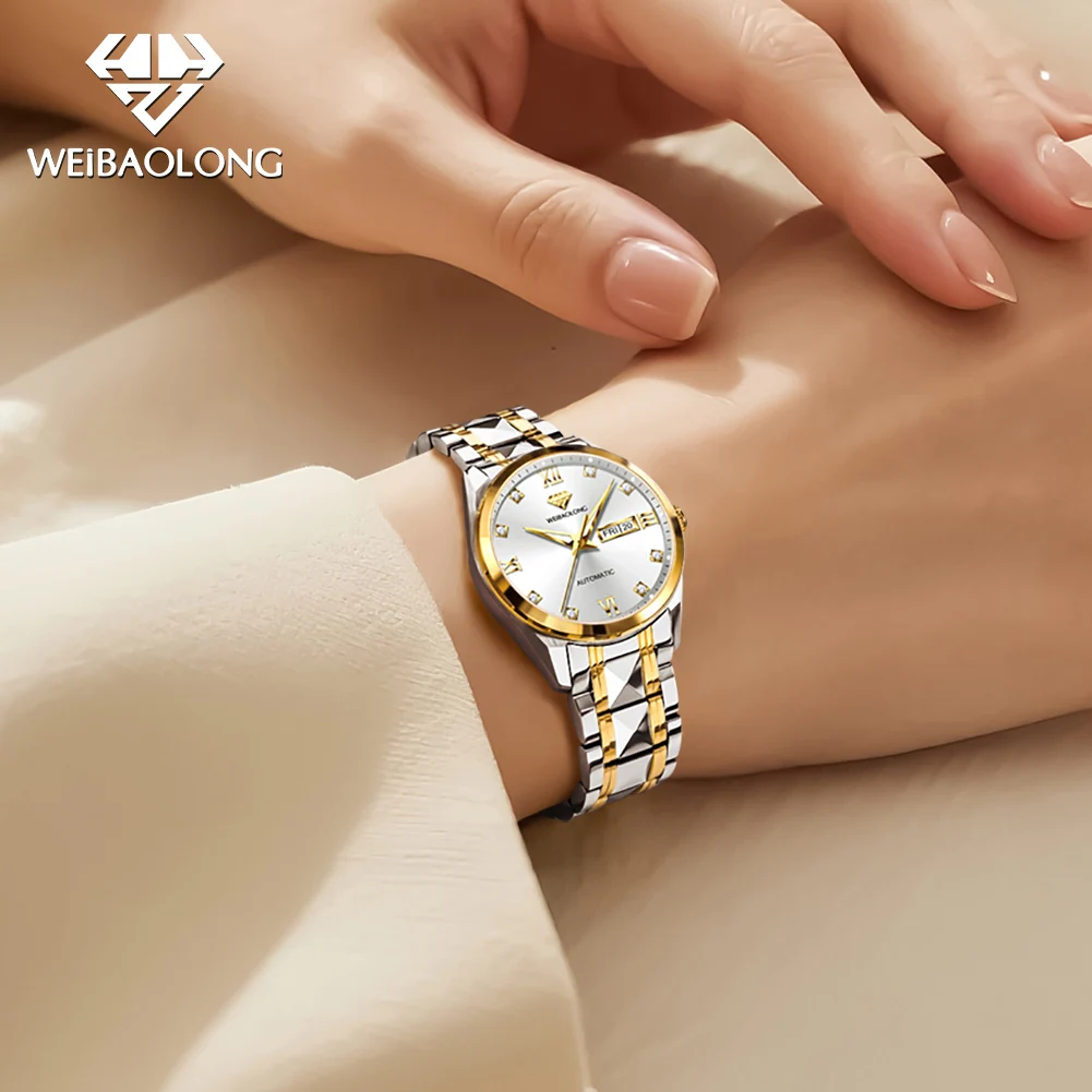 WEIBAOLONG 3803 ساعة نسائية ماسية حقيقية ساعات فاخرة للسيدات عرض تقويم مزدوج ساعة ميكانيكية أوتوماتيكية للسيدات