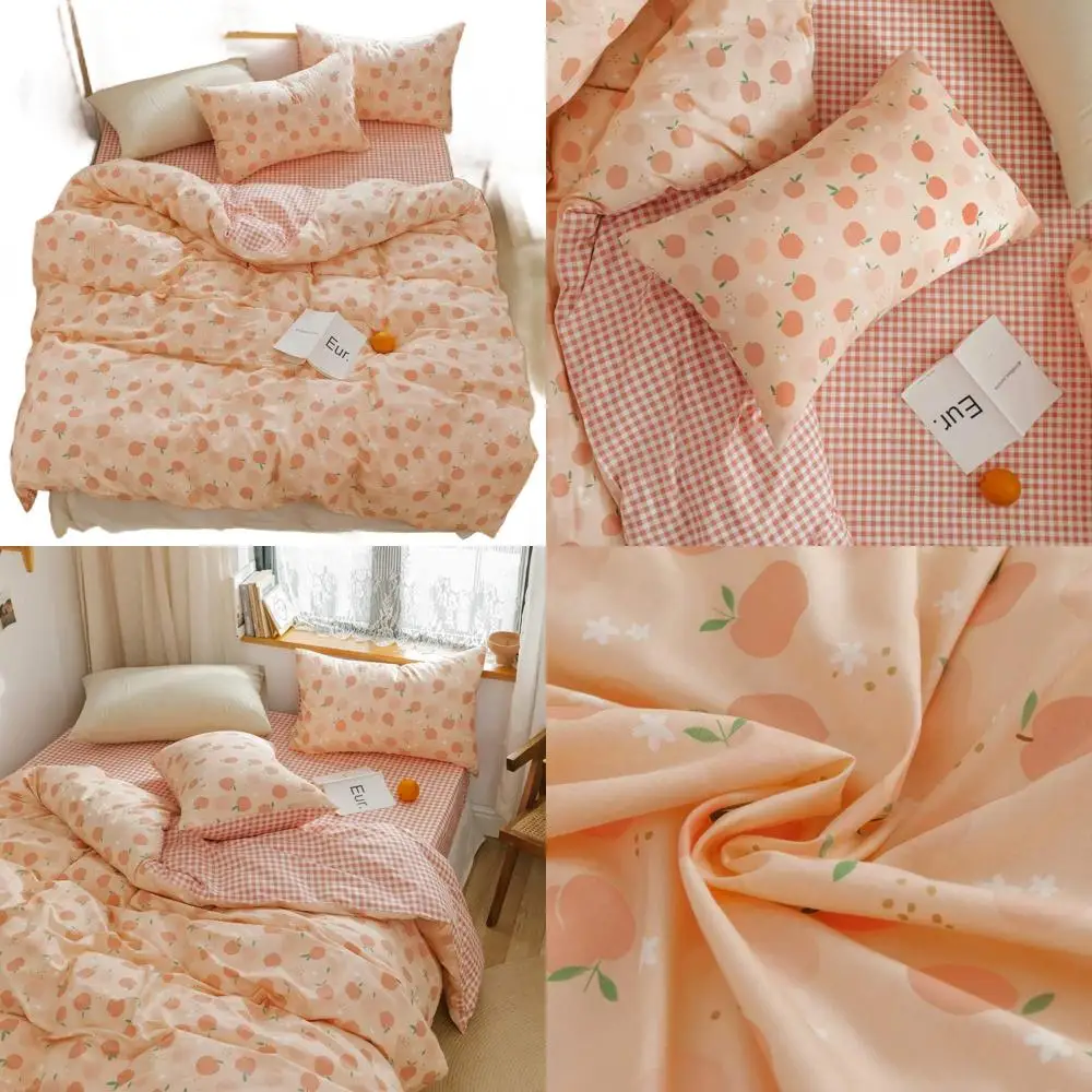 

Cotton Queen Duvet Set for Kids: Pink Cartoon Apple & Peach Pattern with Reversible Check, 1 Comforter Cover & 2 Pillowcases