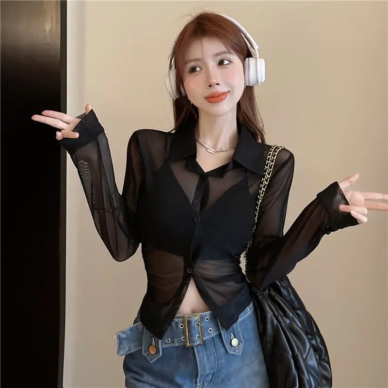 Shirts Women Sexy Sheer Summer Thin Designed New Trendy Hotsweet Simple Cropped Clothes Sun-proof Streetwear All-match Female