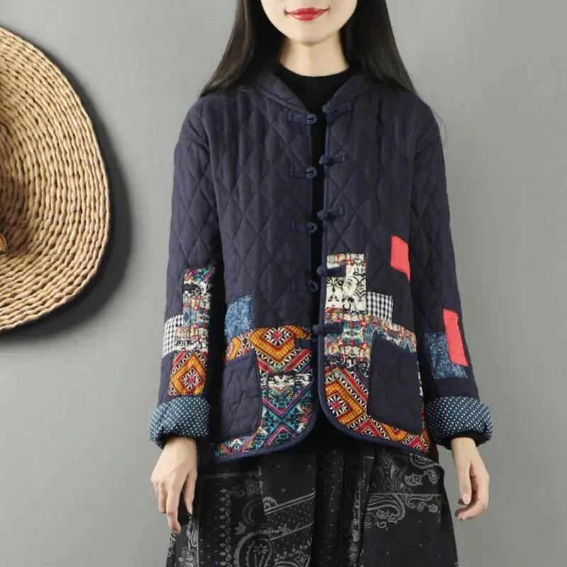 Cardigan en coton imprimé avec plaque intérieure pour femme, veste combinée, clip en lin, manteau vintage, épissure, nouveau, automne, hiver, 2024