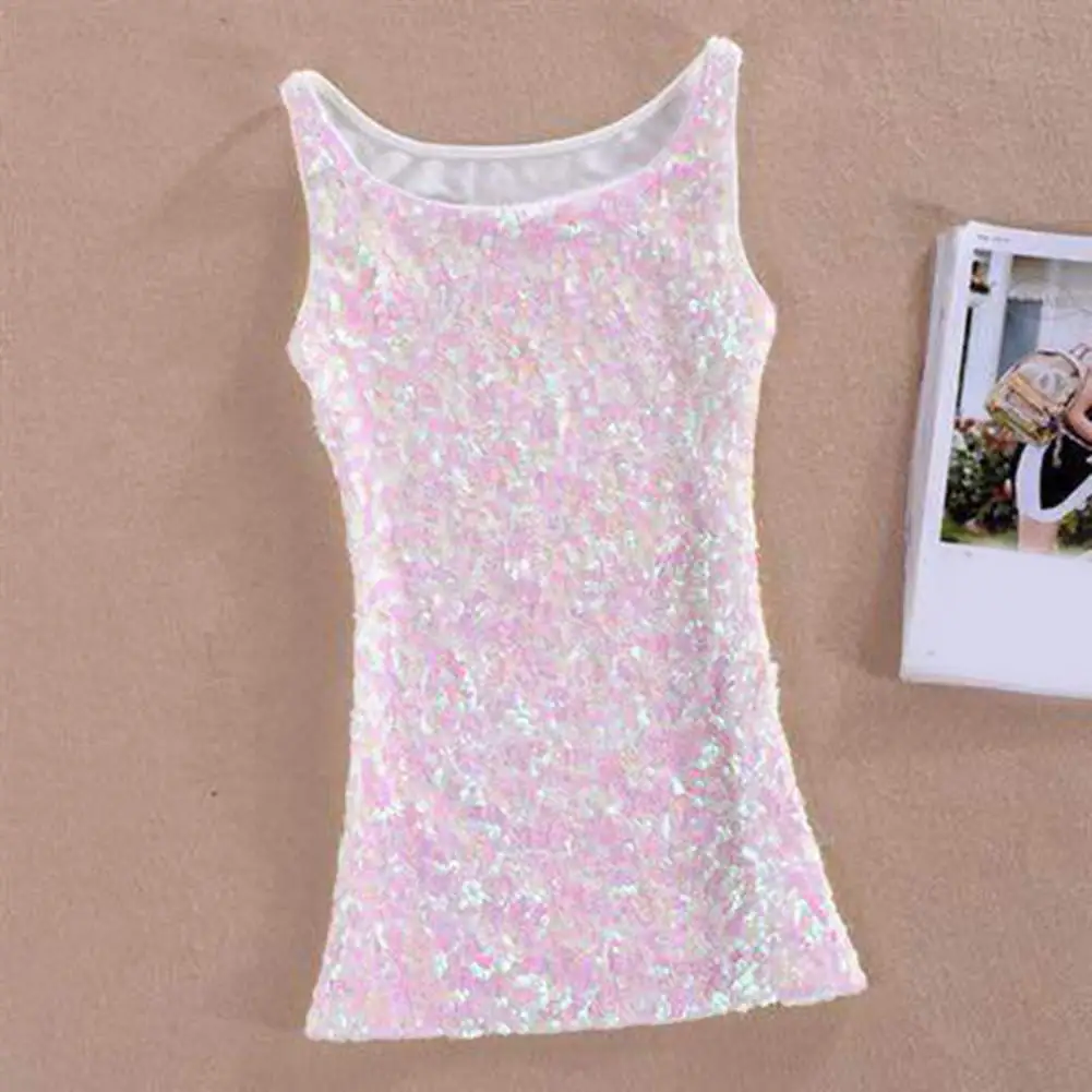 Women Sequin Tank Top Sparkling Sequin Top Sequin O Neck Tank Top for Women Slim Fit Soft Pullover with Sparkling for Stage