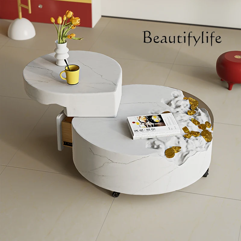 New small apartment mobile coffee table multi-functional round rotating transparent modern home