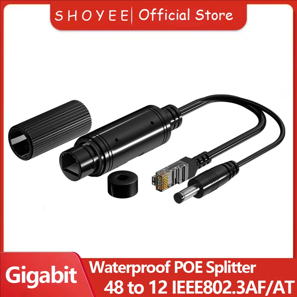 Waterproof 1000Mbps POE Splitter  48V to 12V IEEE 802.3af/at Adapter for Outdoor IP Camera CCTV Security System