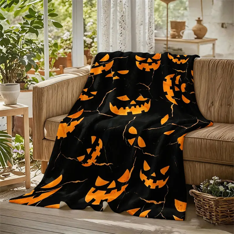 Pumpkin Faces Cracks Black Flannel Blanket Perfect for Sofa Office Bed Travel Sleep Read Relax Camping Four Season Use