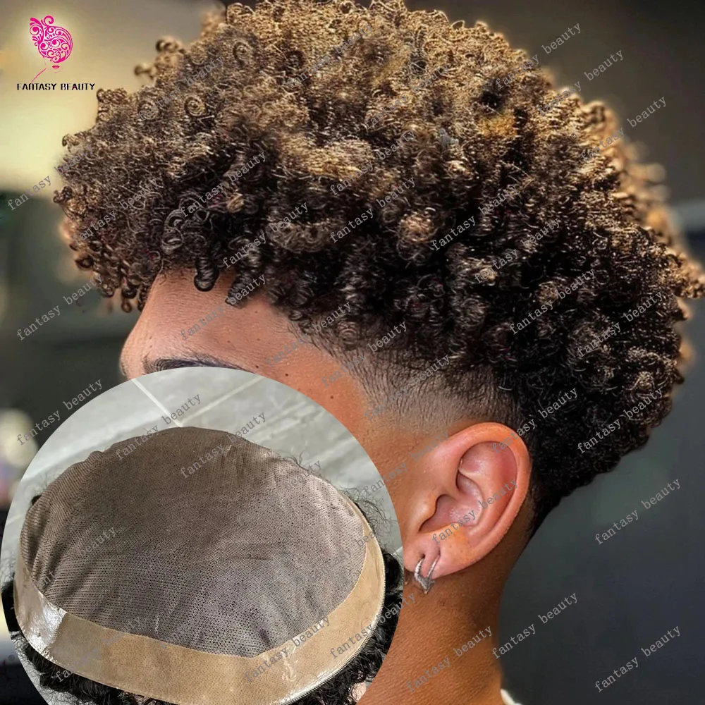 8mm Curly Afro Men Human Hair Toupee Brown Black Super Durable Mono Lace Wig & Thin Skin Pu Around Male Prosthesis Replacement