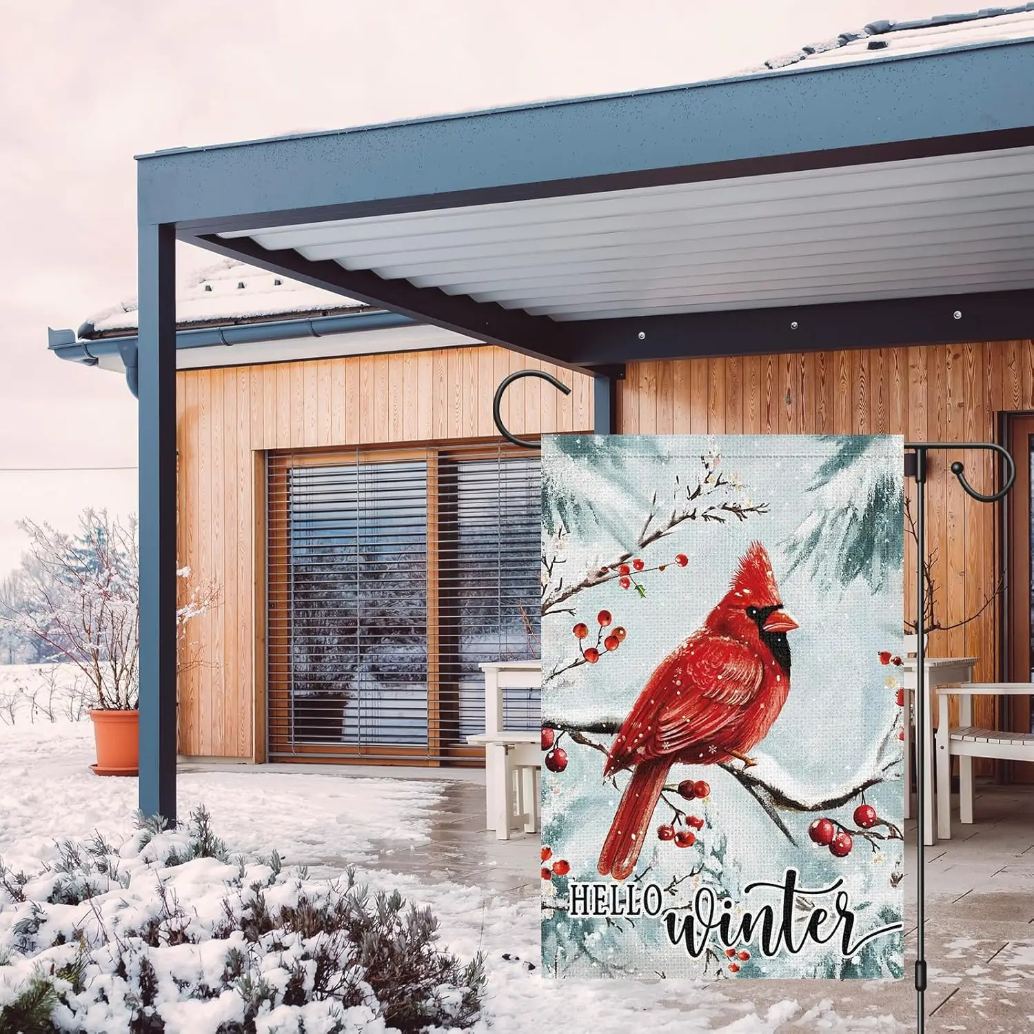 Hello Winter Garden Flags for Outside Decoration 12x18 Inch Vertical Double Sided, Snow Cardinal Bird Pine Twigs Berry Holid EEZ