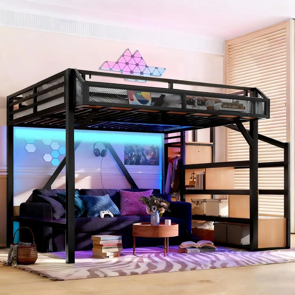 Queen Size Loft Bed with Storage, Shelves, Wardrobe, LED Lights, USB Ports for Kids and Teens, Noise-Reduced, Natural Wood