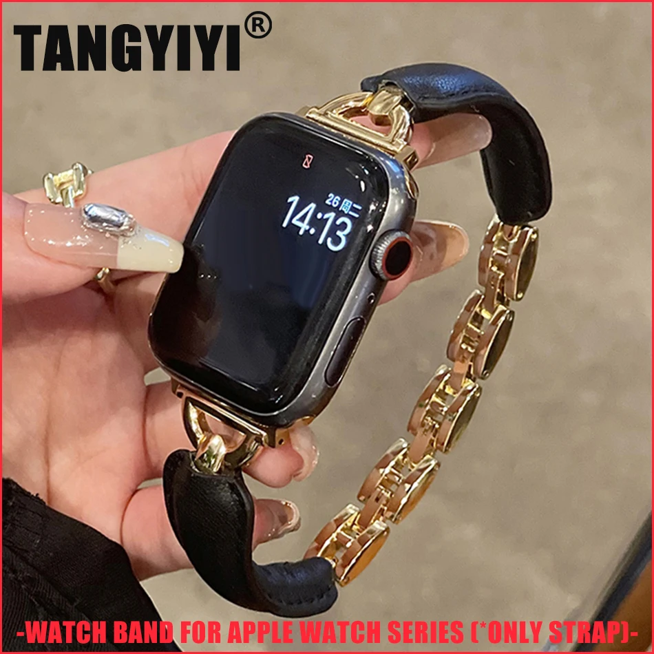 

Luxury Leather Bracelet Strap For Apple Watch Series 10 9 8 7 6 SE 5 4 3 38/40/41/42/44/45/46mm IWatch Ultra 2 49mm Metal Band