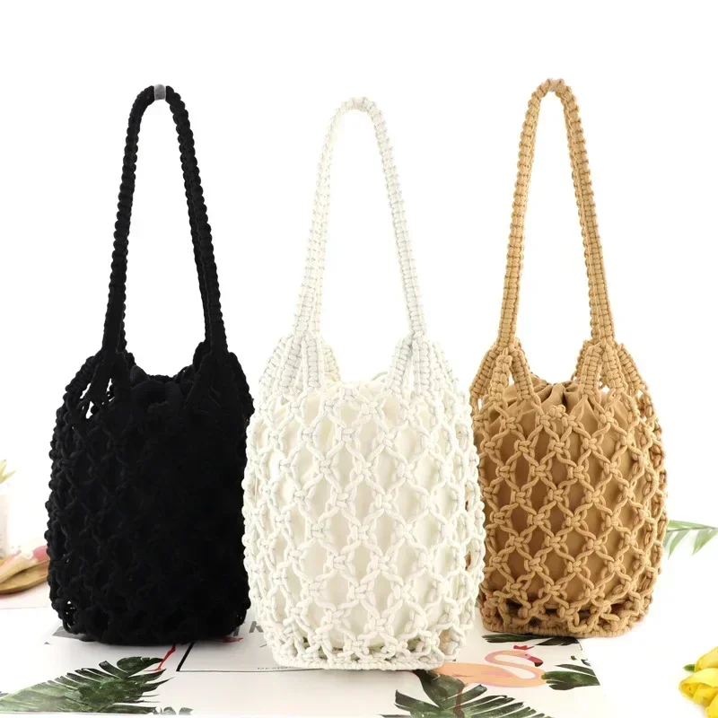 TOUB035 Summer Hollow Woven Shoulder Bag Solid Color Lightweight Casual Wild Bucket Purse Handbag