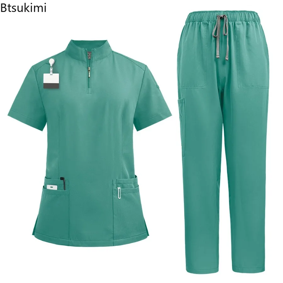 Neutral Medical Frosted Stand Up Collar Zipper Design Doctor and Nurse Work Clothes Solid Color Operating Room Surgical Clothes