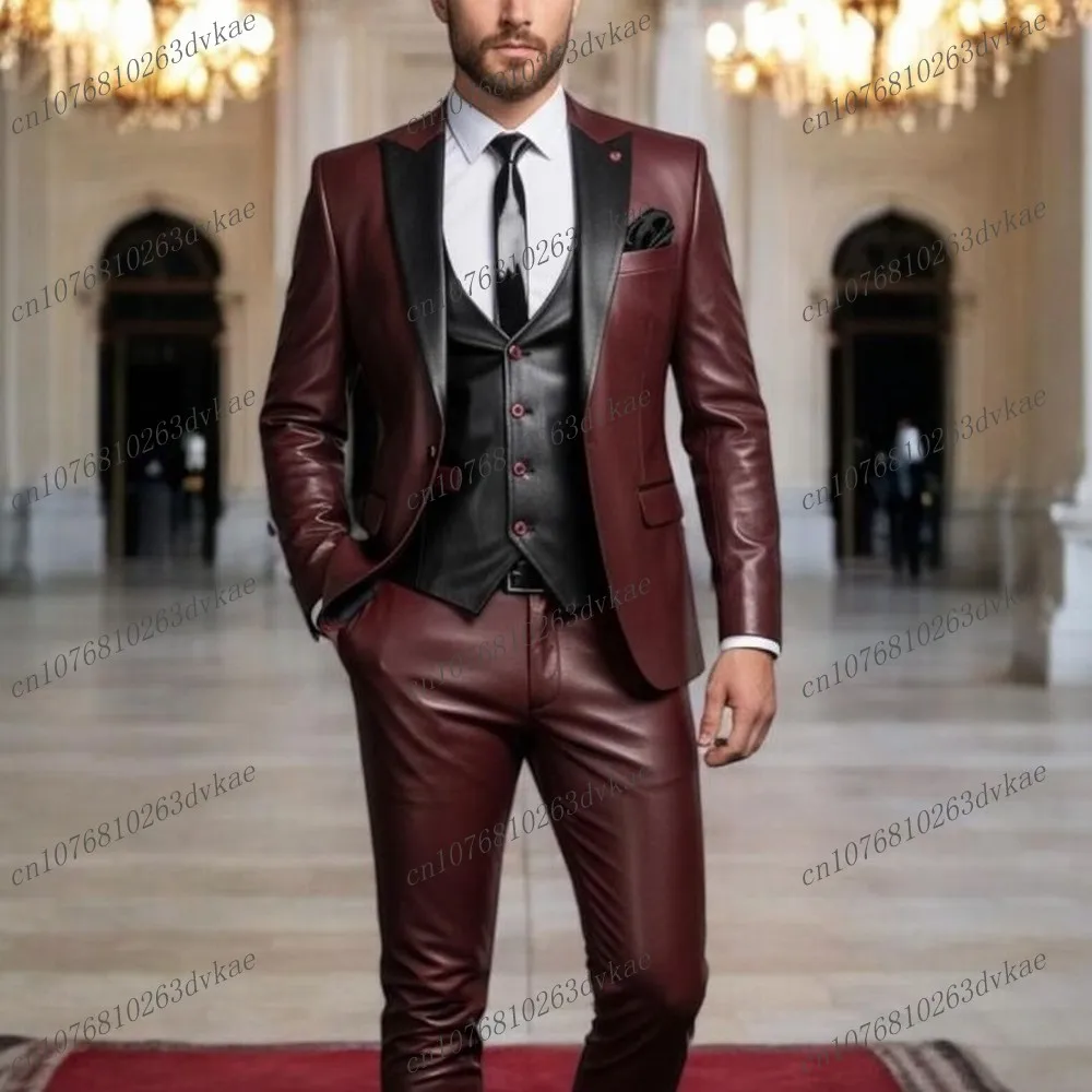 

Бордовый и черный атласный мужской костюм для свадебной вечеринки, формальный жених, жених, выпускного вечера, деловые мужские смокинги, комплект из 3 предметов, куртка, жилет, брюки