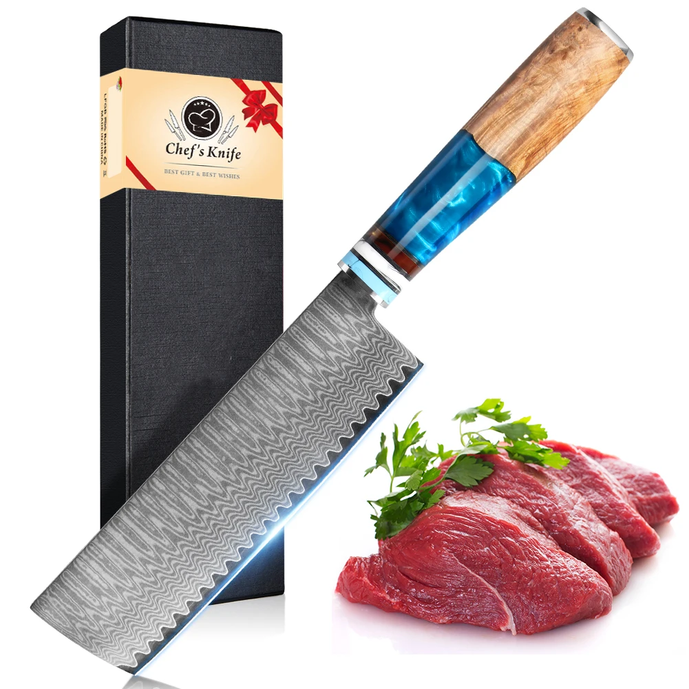 Nakiri Kochmesser mit 17cm Damaszener Klinge, Küchenmesser aus VG-10 Stahl, Professionelles Damaszener Stahl Nakiri Kochmesser – Detail 4