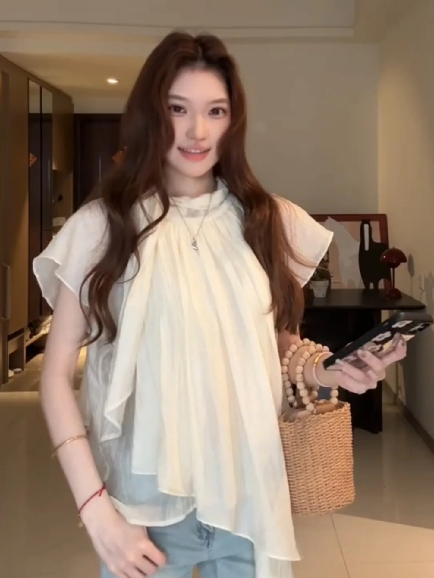 

French Style Loose Fit Short Sleeve Chiffon Shirt Women's Summer Casual Slimming Top Asymmetrical Design Breathable Skin-Frie...