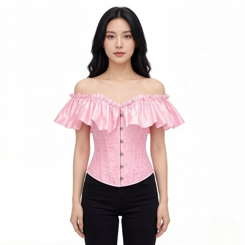 

Off Shoulder Ruffle Corset Top Women Brown Satin Jacquard Front Hook Retro Waist Cincher Cosplay Wear