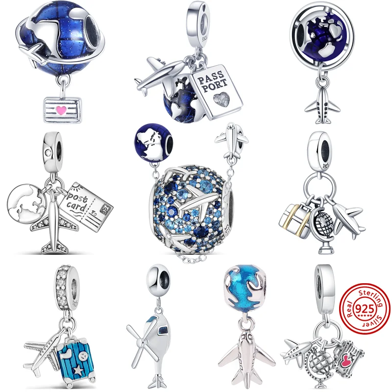 Fit Original Pandora Charms Bracelet Luxury Jewelry New 925 Silver Blue Earth Suitcase Travel Airplane Fashion Pendant DIY Beads