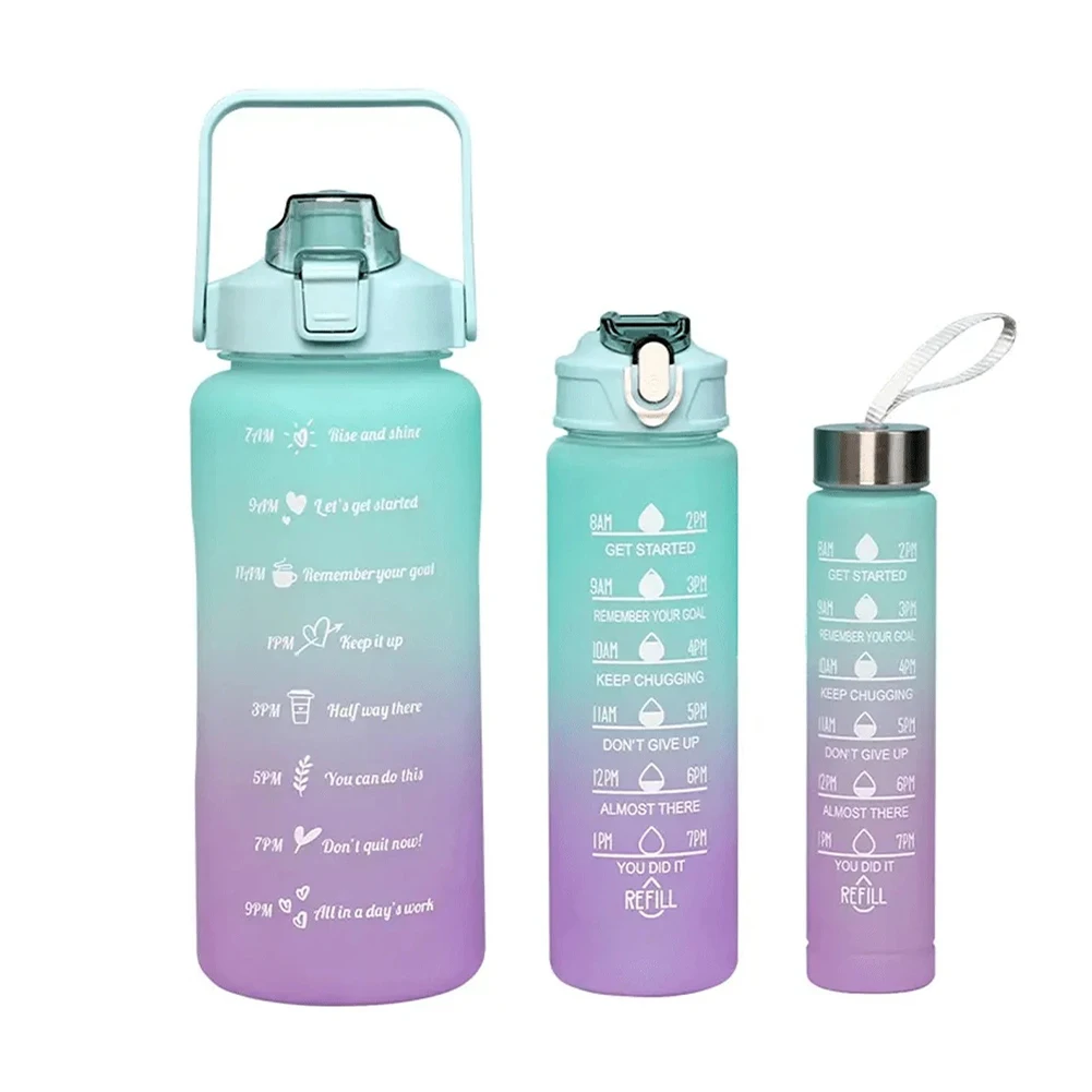 Sports Water Bottle 3pcs Gradient Fitness Water Bottles Set With Time Graduated Space For Camping Hiking 2000ml 750ml 300ml