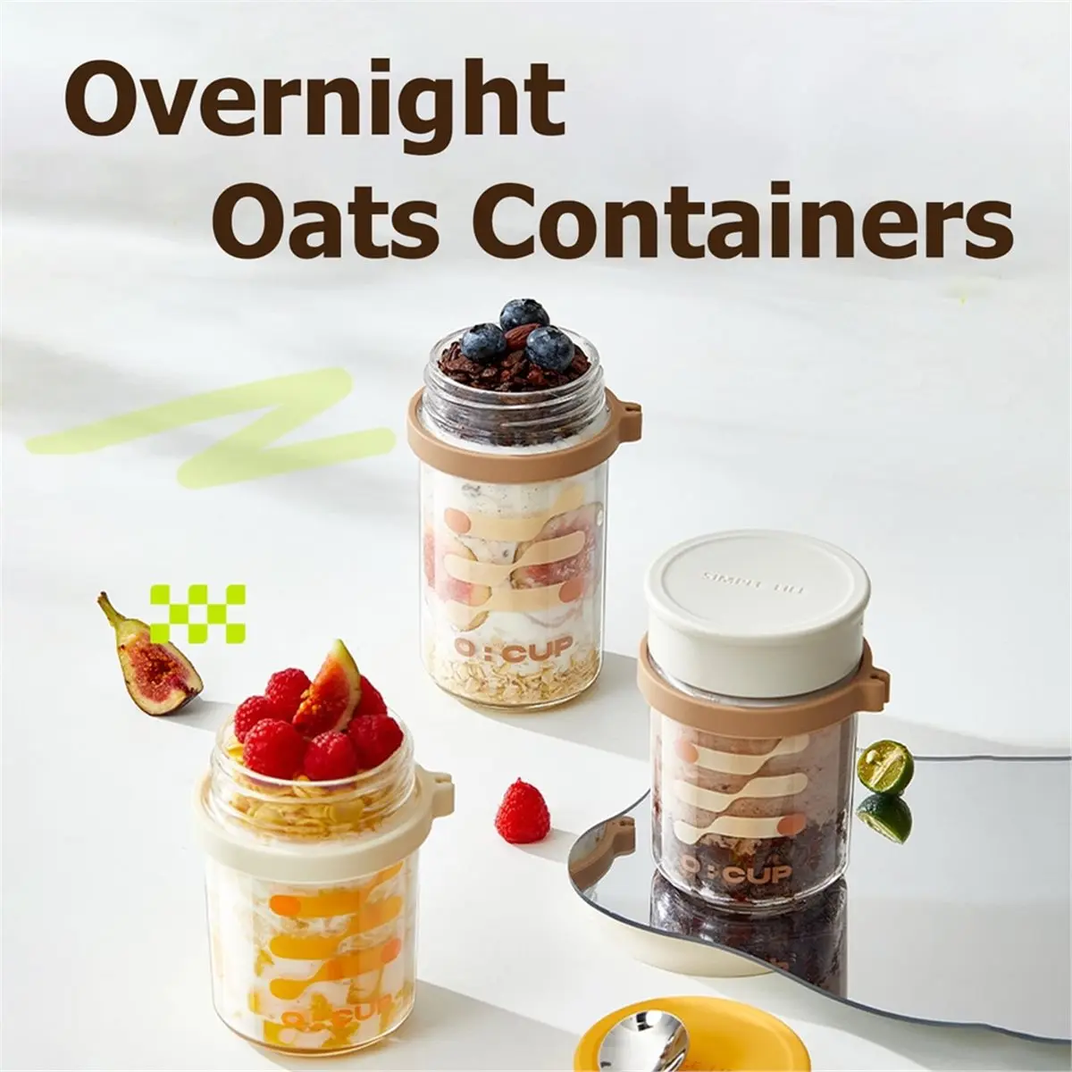 A67T NEW 4 Pack Overnight Oats Jars,12oz Glass Canning MasonJar with Airtight Lid and Spoon Container for Pudding,Cereal