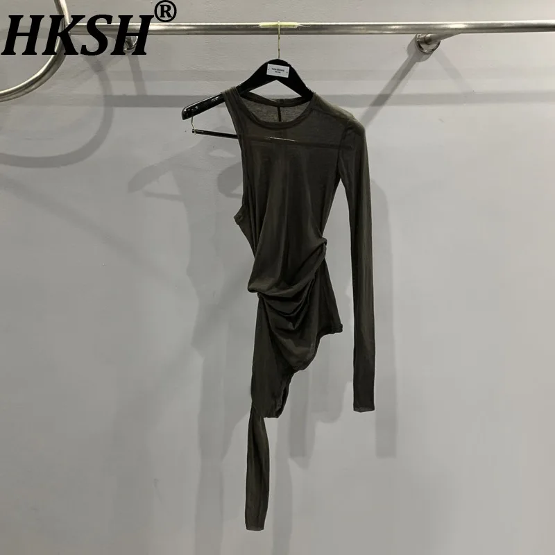 

HKSH 2026, весна-лето, новая женская футболка с асимметричным нишевым дизайном и круглым вырезом, однотонная сексуальная футболка, темный шикарный тренд, тонкий топ HK17523