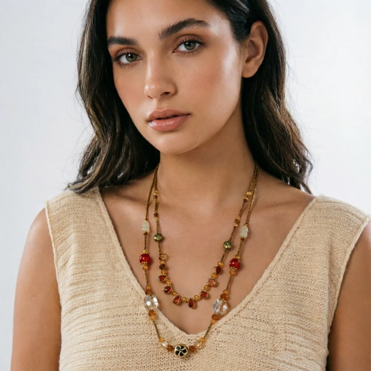 Vintage Bohemian Kristallblumen Lange Mehrlagige Halskette für Damen und Herren, Mehrfarbige Kristallperlen, Blumen-Charm-Choker, Partyschmuck – Detail 17