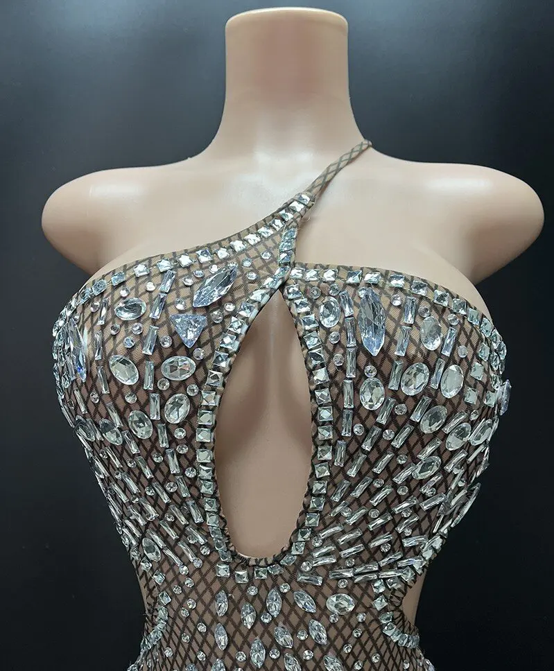 Klaar Jurk Vrouwen Sexy Sensuele Avondjurken Kristal Glitter Een Schouder Backless Elastische Bodycon Mini Mesh Jurk Club