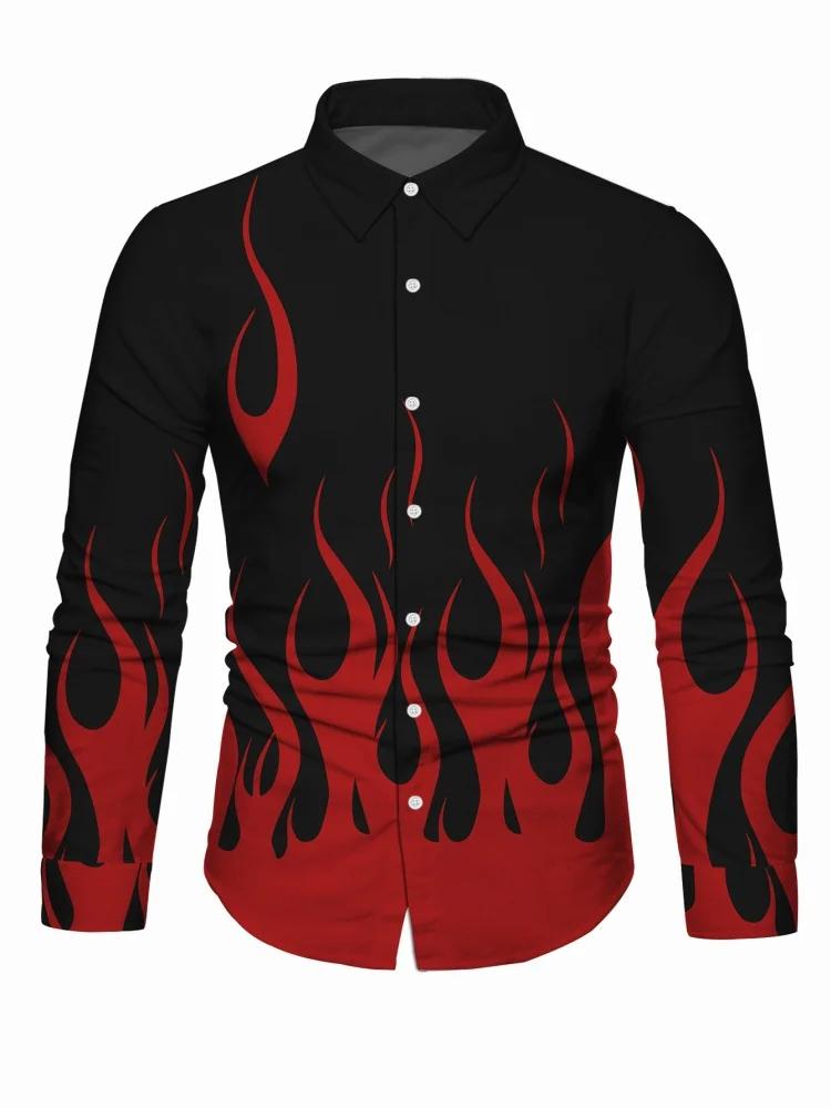 

Новая осенняя роскошная мужская рубашка с длинными рукавами и воротником на пуговицах, мужская вечерняя одежда свободного покроя, повседневный топ с пламенным принтом